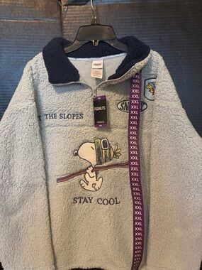 Peanuts Light Blue Sherpa Zip Pullover with Navy Trim
